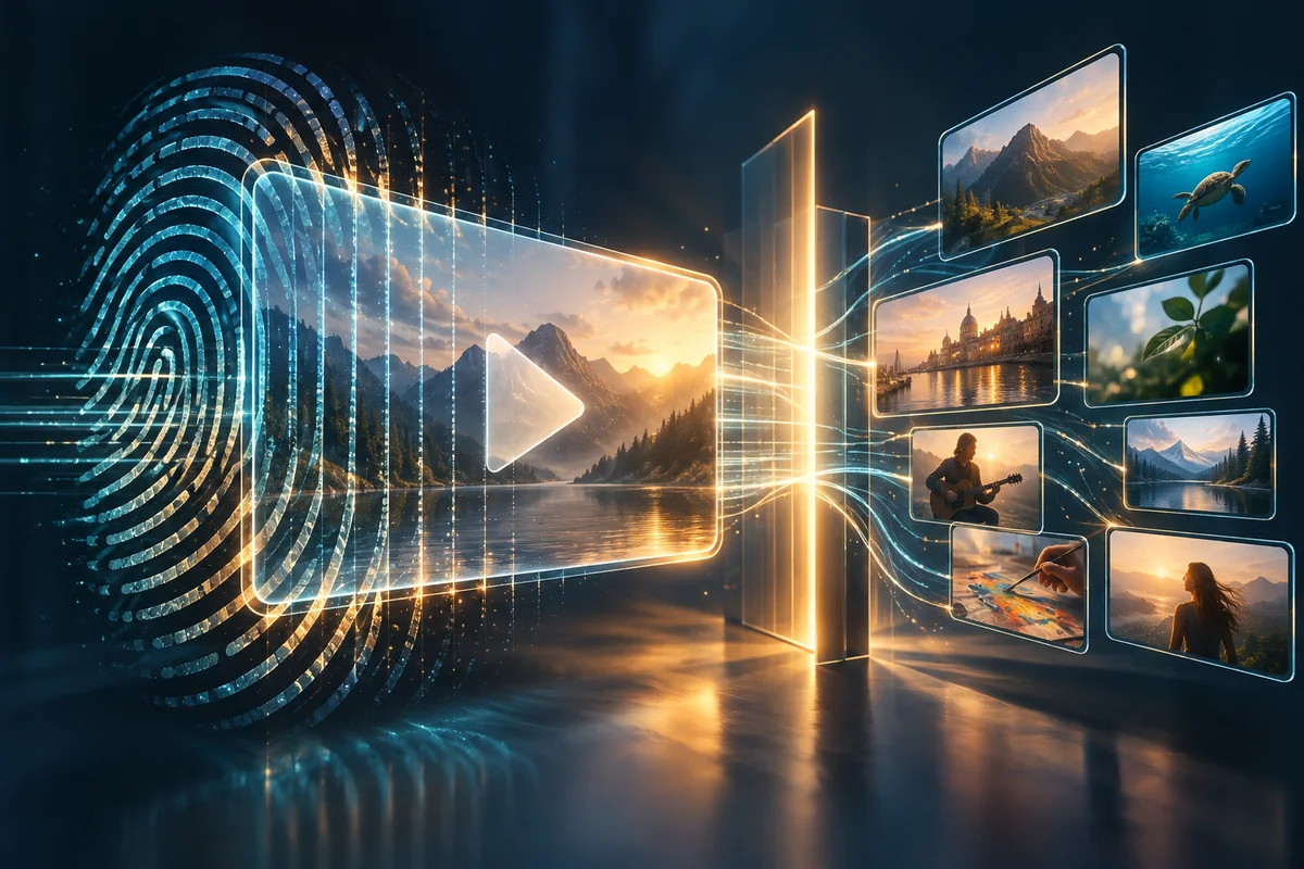 Digital fingerprint matching video, photographs and artwork, illustrating automated content recognition.